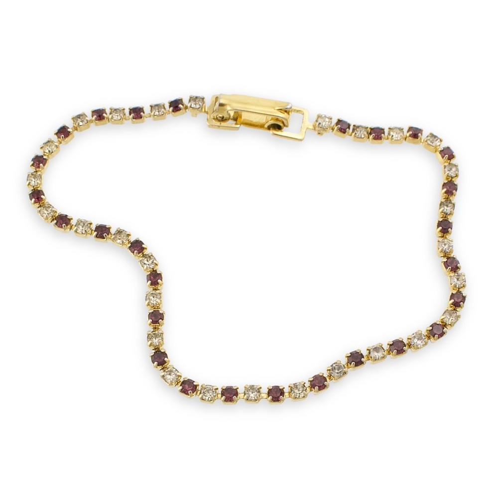 Vintage Rhinestone Tennis Bracelet Gold Plated Purple & Clear Stones